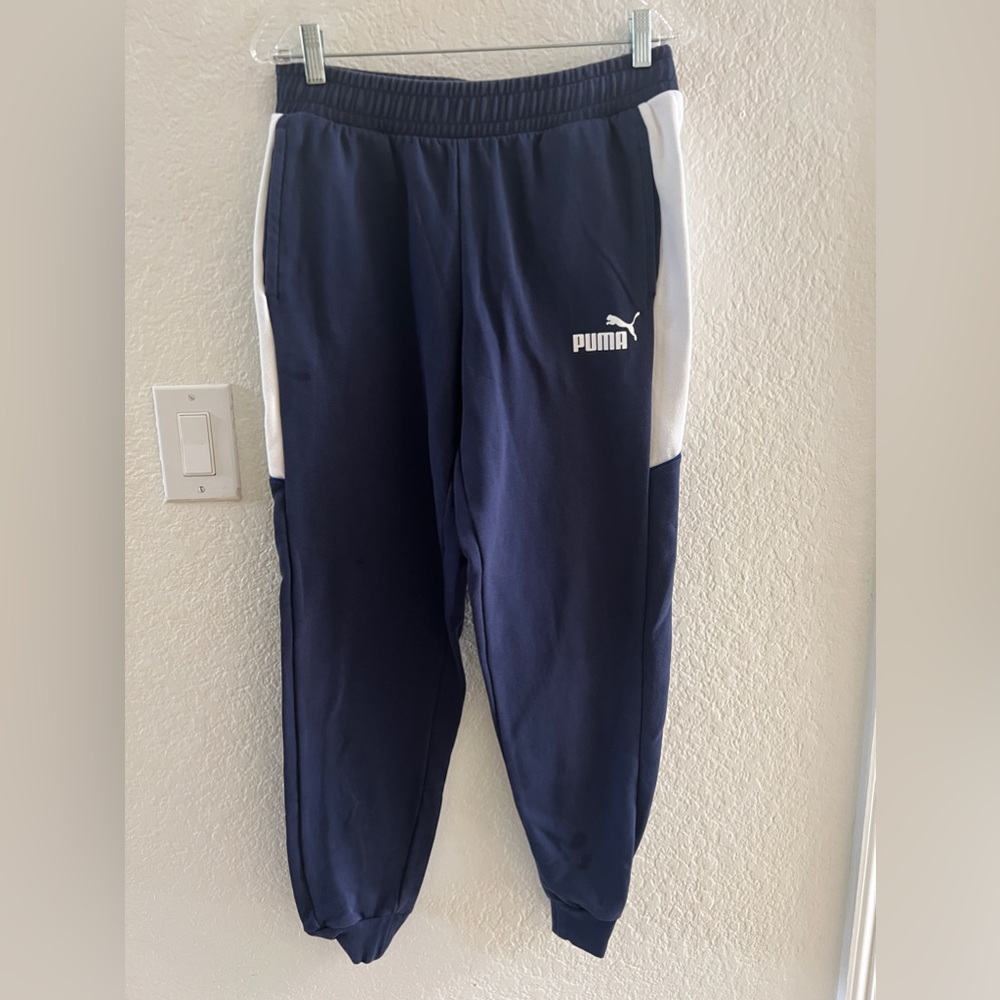 Men’s Joggers, Puma, Blue, W/Pockets, Elastic Waist,Size M, Mild Stain Left Leg